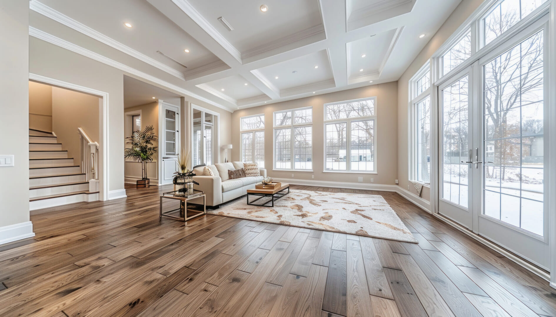 The living room has beautiful hardwood floors and numerous windows that allow plenty of natural light to come in
