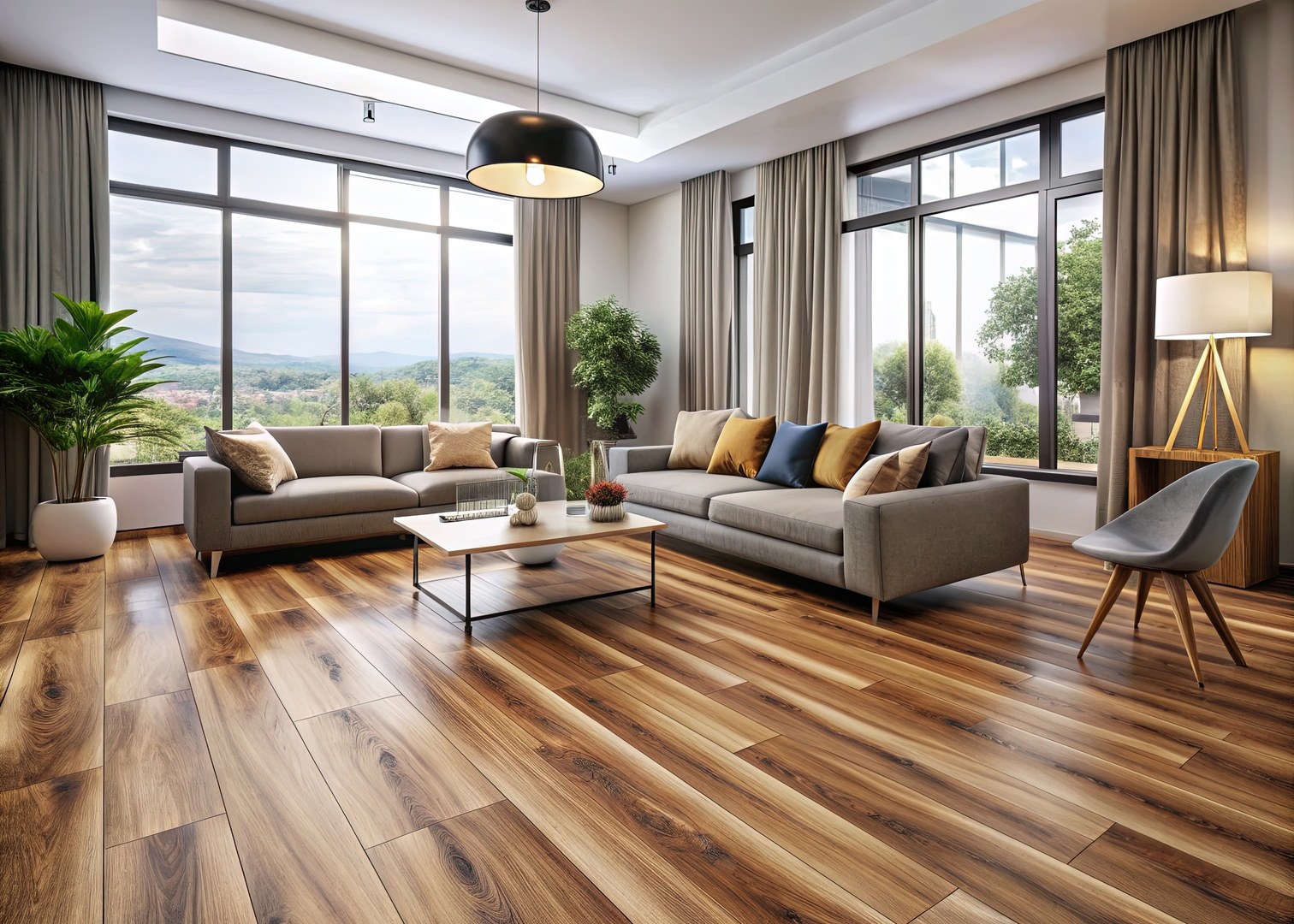 Glossy, water-resistant vinyl planks in a modern living room, offering a realistic wood grain pattern and a stylish, low-maintenance flooring solution.